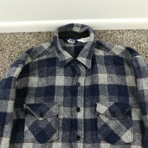 Vintage Woolrich Shirt Jacket Wool Flannel Blue Plaid Mens XL USA Made